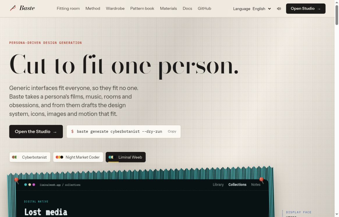 Baste's distinctive typography and persona-driven design workspace