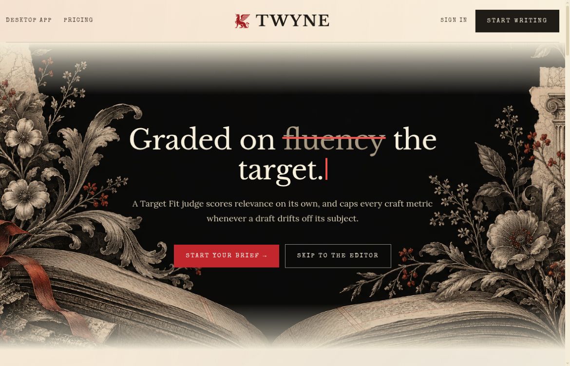 Twyne's writing website with botanical artwork and editorial typography